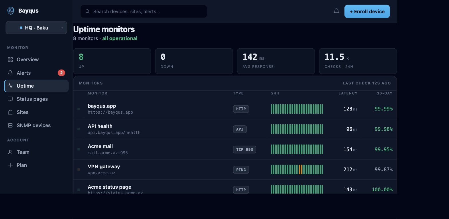 Uptime monitors: HTTP, API, TCP and ping checks with latency and 24h / 30-day uptime bars.